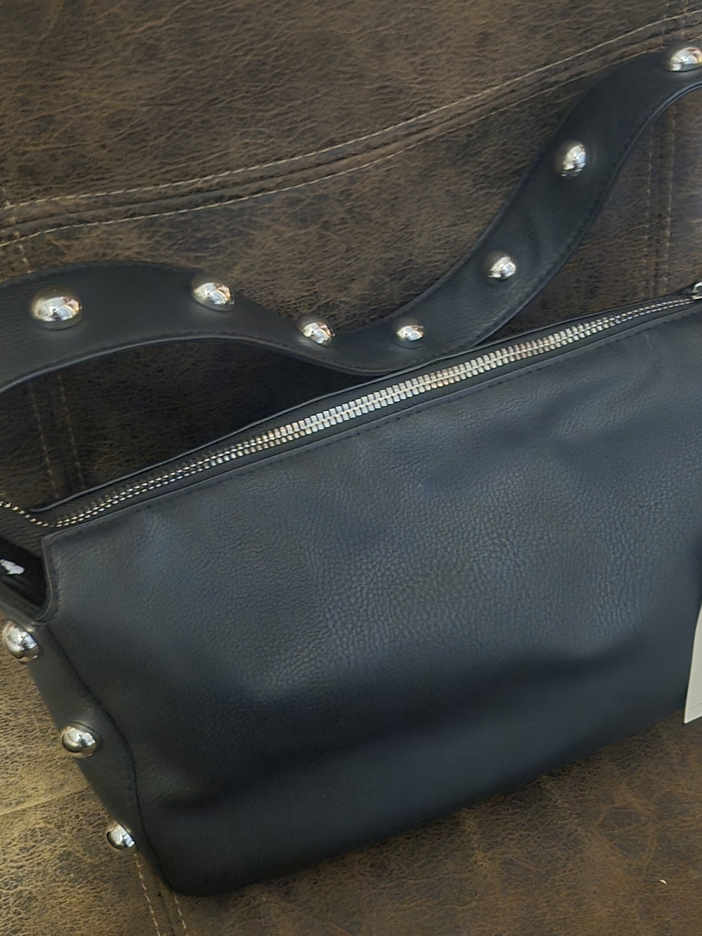 Black Studded Leather Shoulder Bag - Unbranded